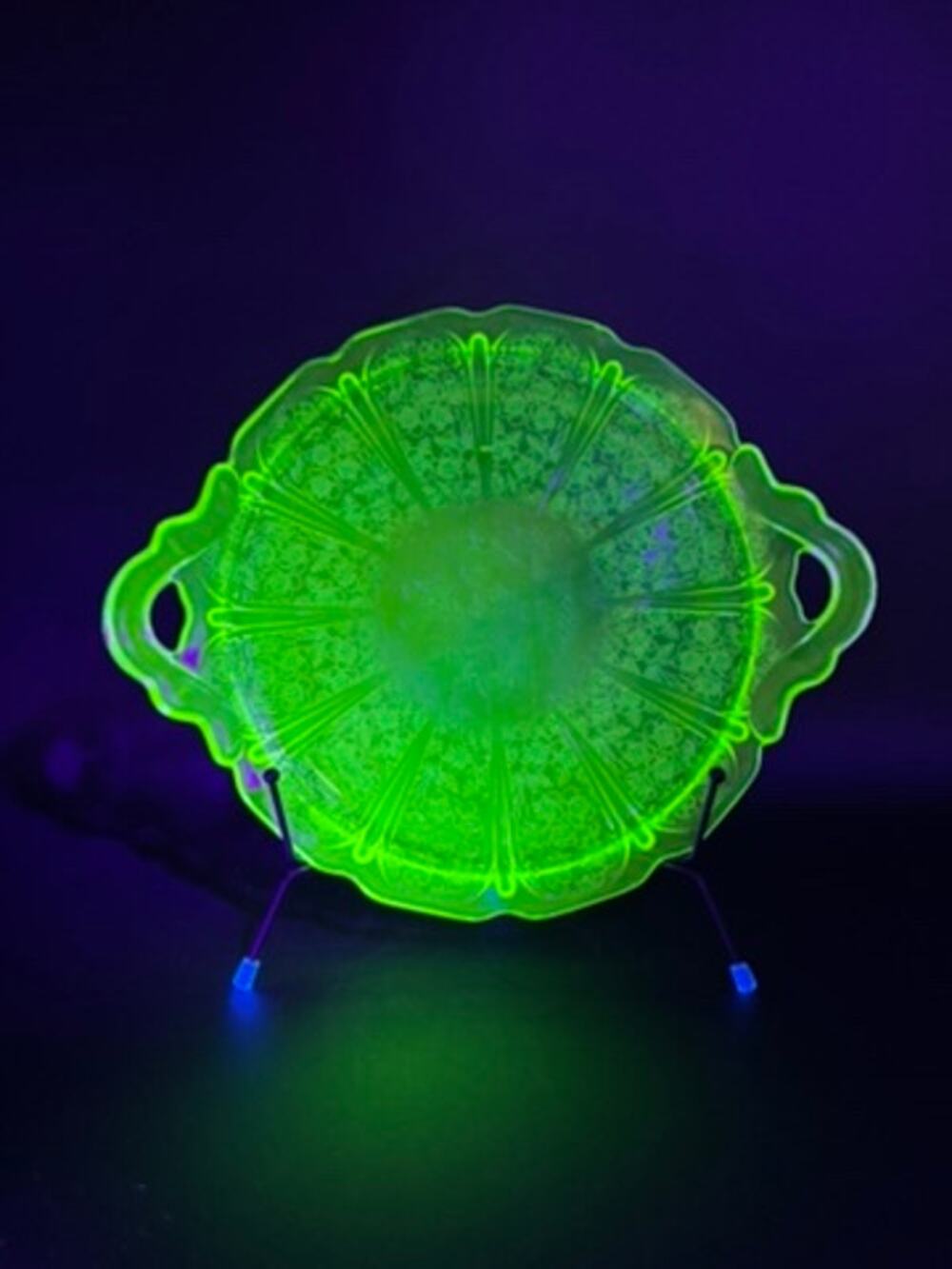 Jeannette Cherry Blossom Uranium Green Depression Glass Handled Serving Plate